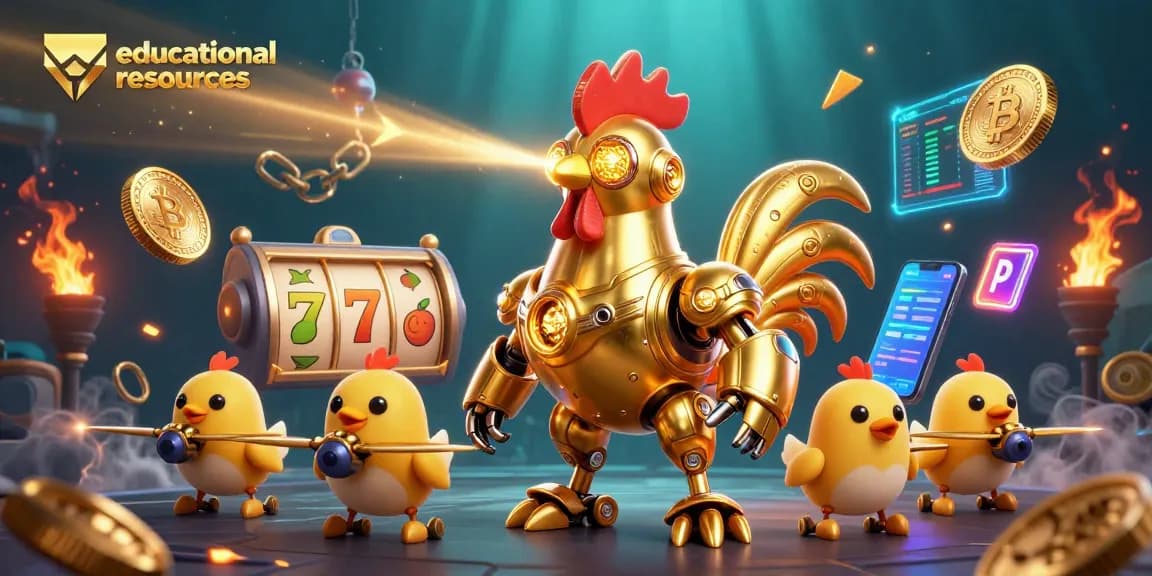 Engage with educational resources in this vibrant casino-themed 3D illustration featuring a golden robot.