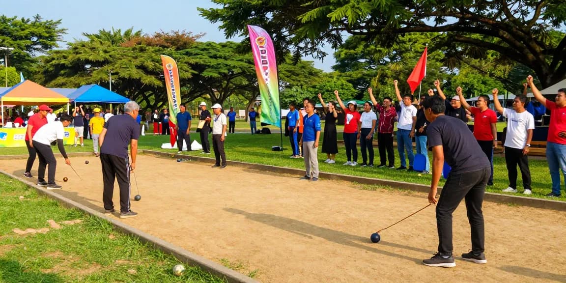 Kompetisi petanque di taman yang ramai, menampilkan semangat fopikotapalopo.org dan kebersamaan komunitas olahraga.