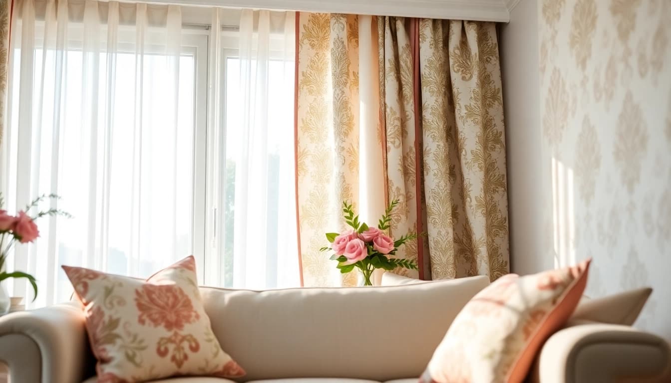 Decoratieve stof in een goed ontworpen woonkamer met sfeervolle verlichting en stijlvolle details.