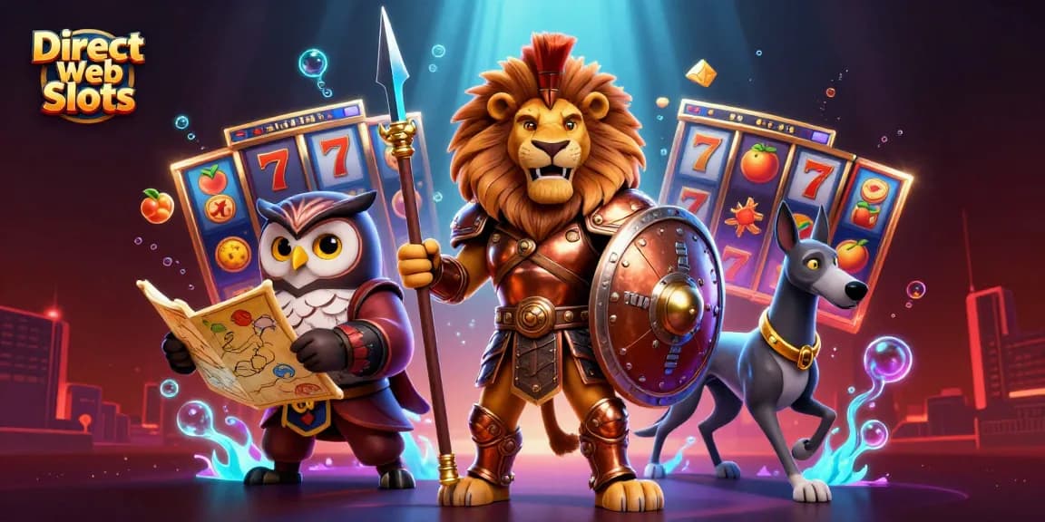 Experience Direct Web Slots excitement with this dynamic casino scene featuring a heroic lion, an owl strategist, and a swift greyhound.