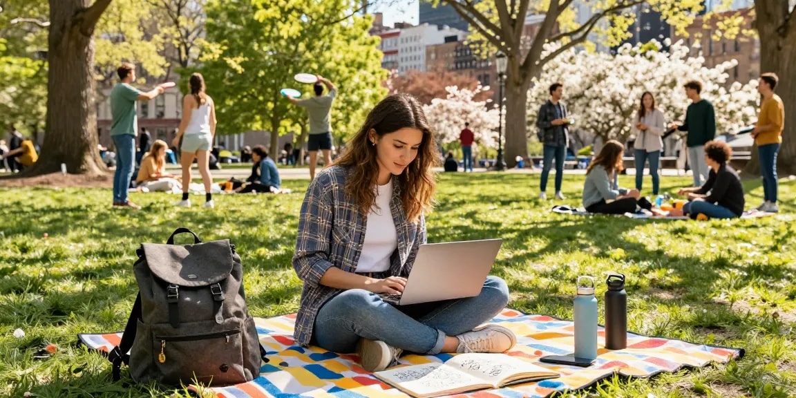 Young woman crush on productivity in vibrant park setting with laptop.