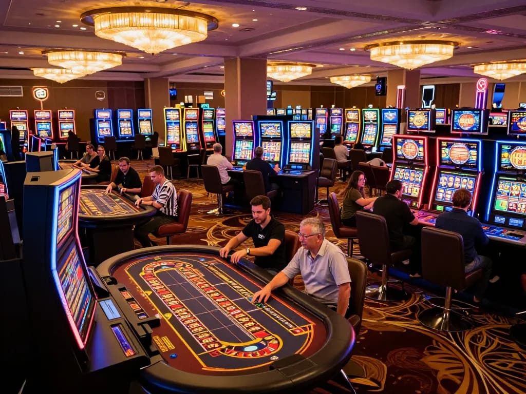Engaged players enjoying strategic gameplay at casino non aams europei with vibrant slot machines and roulette tables