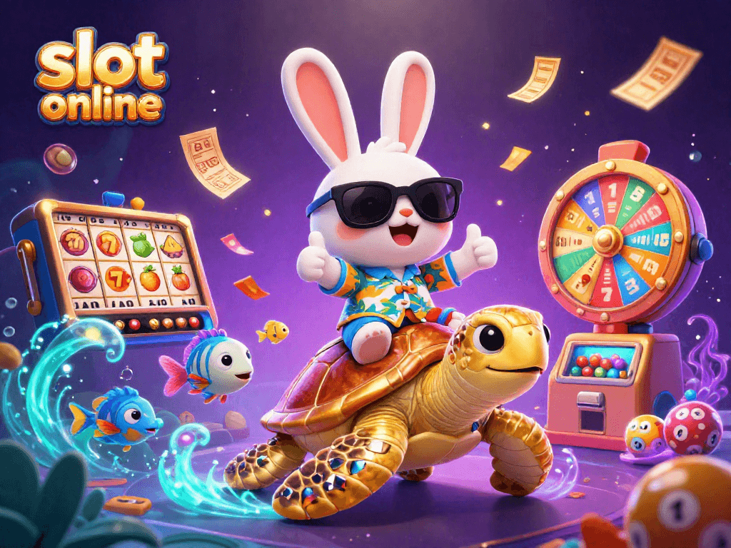 Experience thrilling slot online action with a lucky rabbit and golden sea turtle in a vibrant casino world.