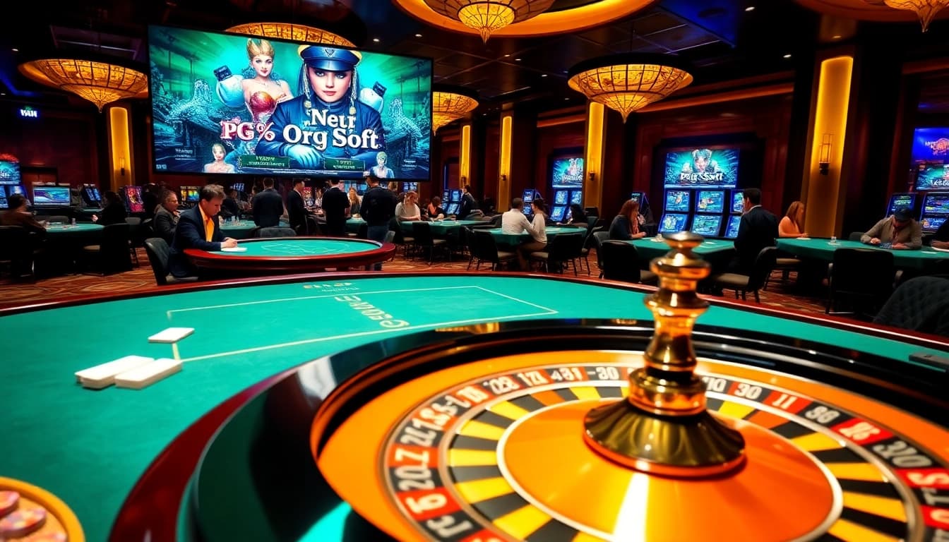 Engaged players at a luxurious casino tables exploring PG Soft games in vibrant ambience.