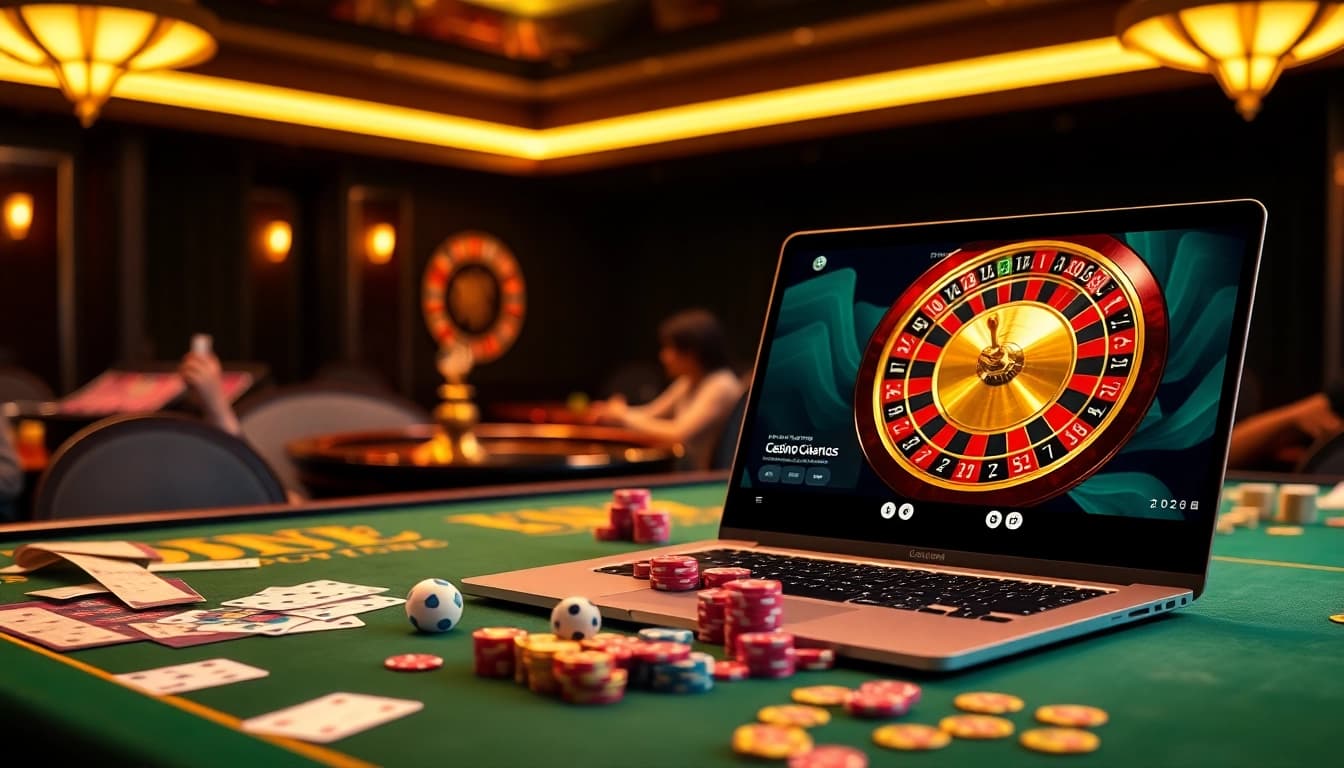Des joueurs captivés dans un casino en ligne luxueux 2026 avec des tables, des dés et des machines à sous.
