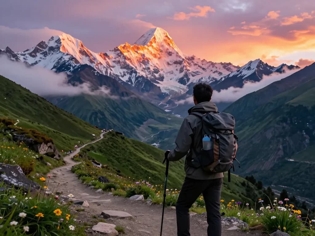 Annapurna Circuit trekking scene with a traveler admiring sunset views over majestic mountains, embodying adventure and exploration.