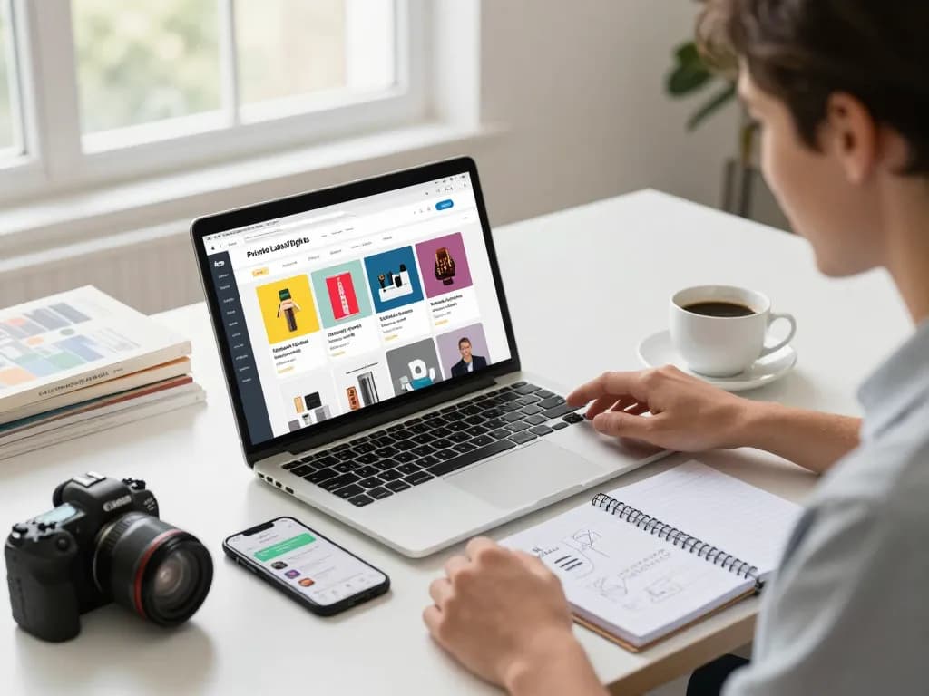 Buy Private Label Rights Products with a motivated entrepreneur exploring digital goods in a bright workspace.