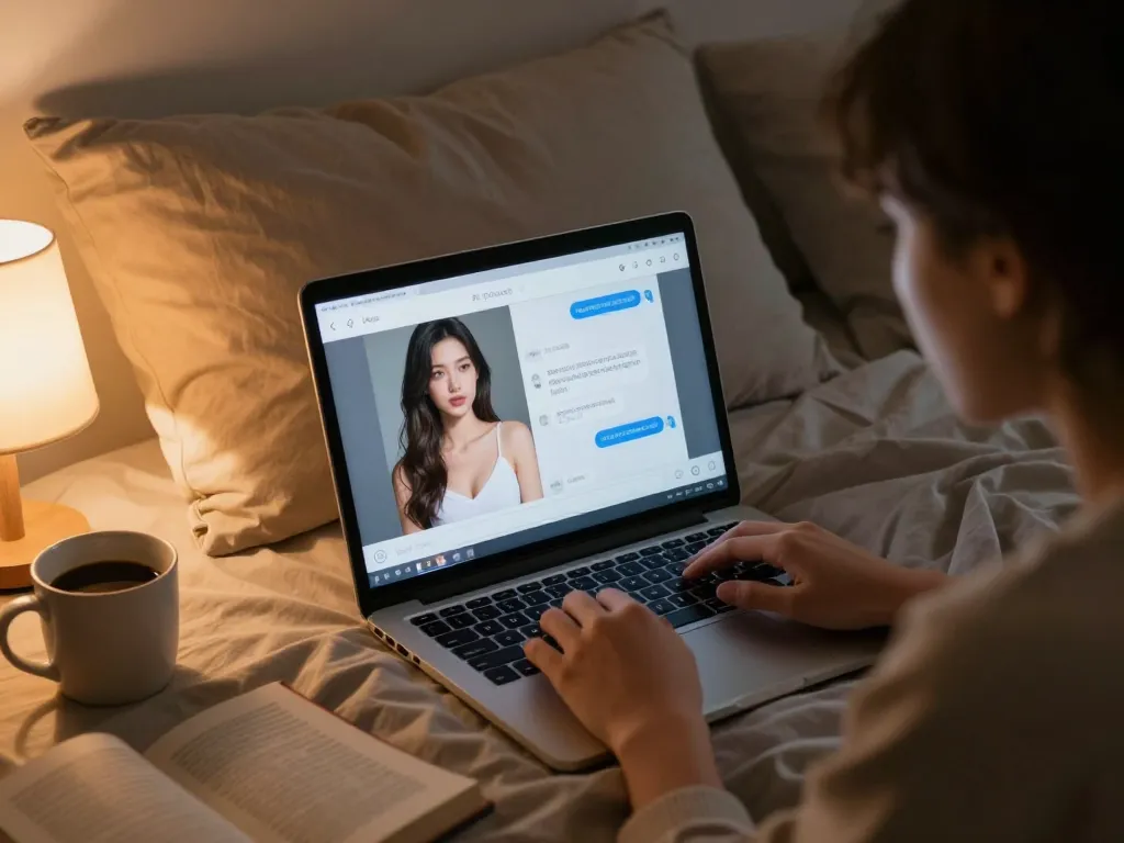 Engaging in AI chat porn in a cozy bedroom setting with a laptop.