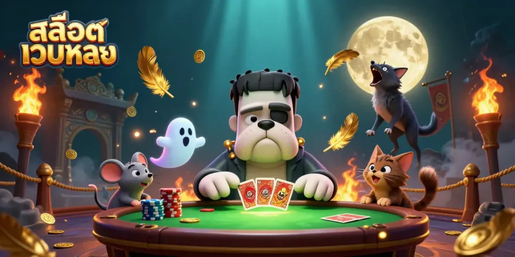 Experience thrilling action with สล็อตเว็บตรง as spooky characters deal cards and win at the casino.