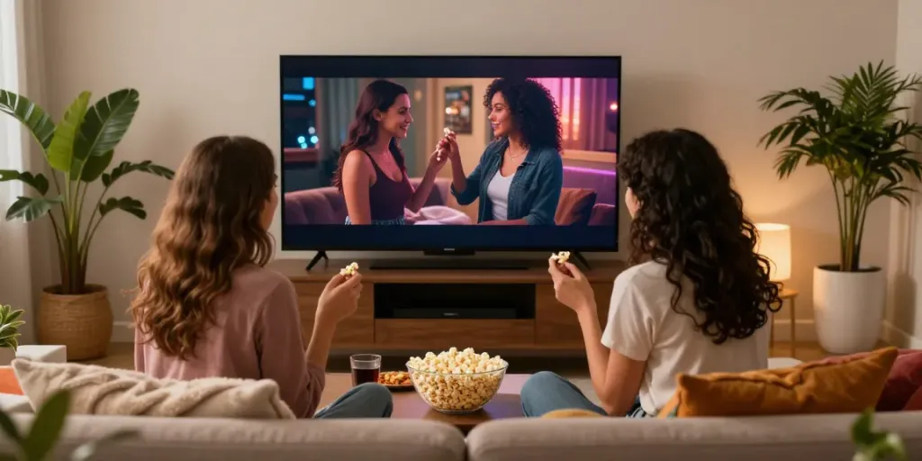 Cozy scene of women watching lesbian porn together in a stylish apartment.