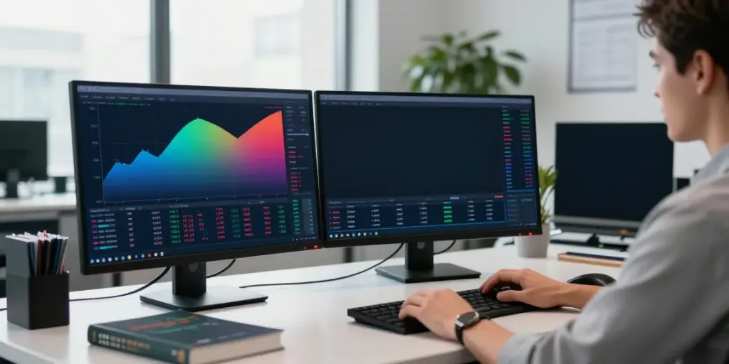 Trader using MetaTrader 5 on dual monitors in a modern finance office.