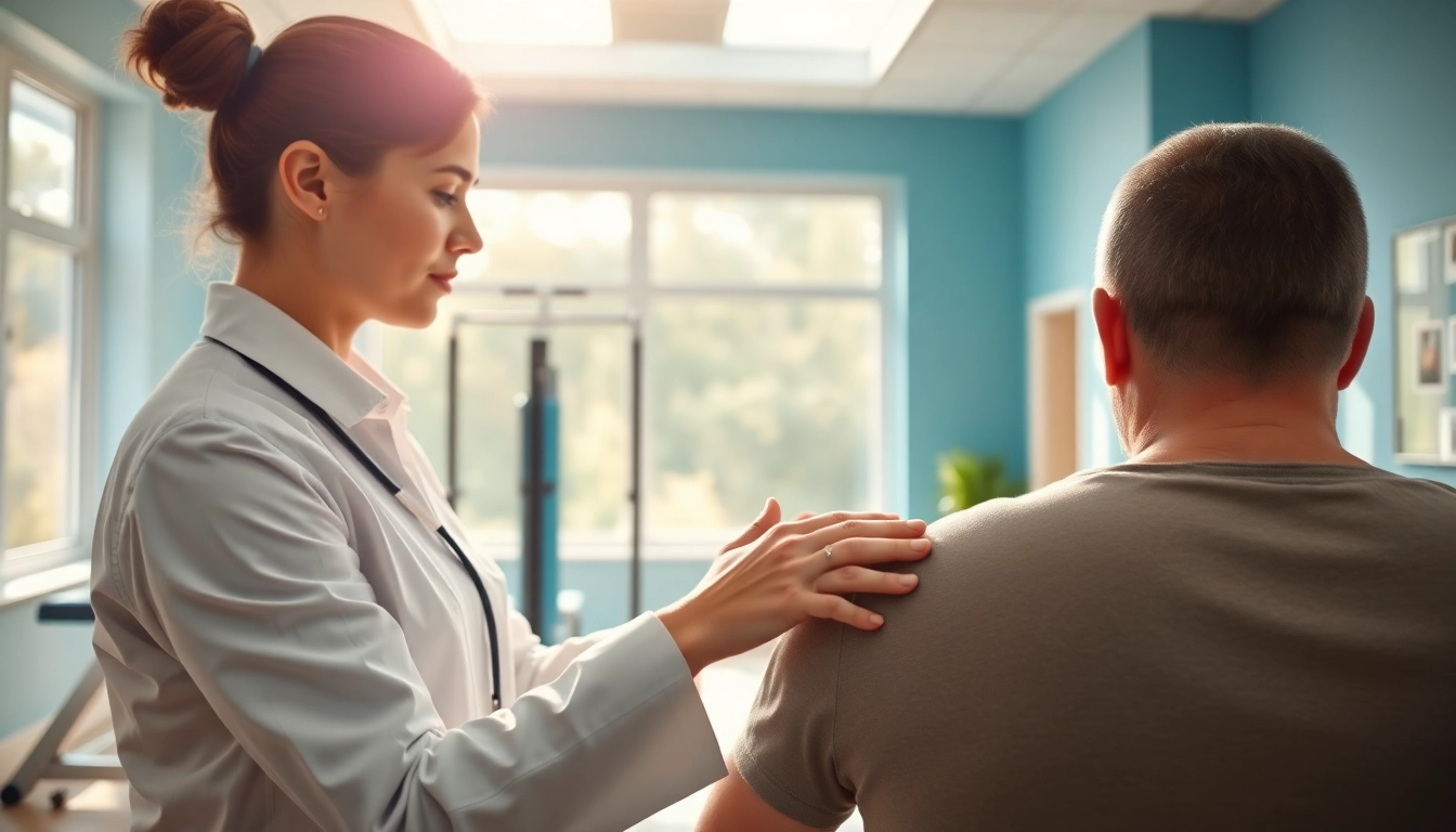 Seventeen Physio showcases a professional physiotherapist assisting a patient in a bright clinic.