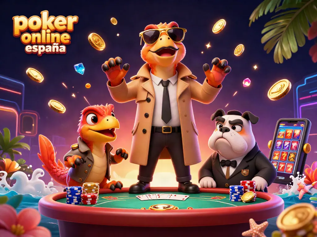 Disfruta del póker online España con tres raptores en una escena de casino vibrante y divertida.
