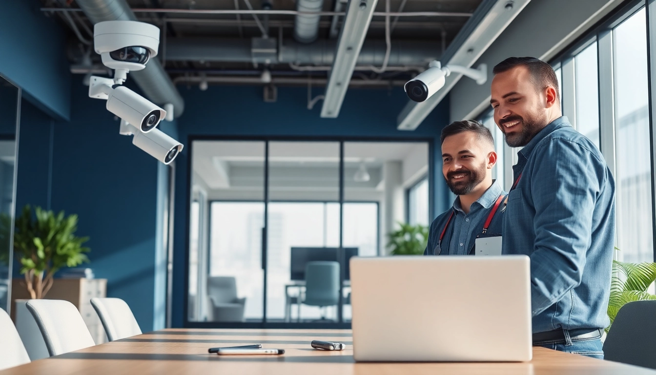 Cámaras Hikvision instalándose en un entorno de oficina profesional para mejorar la seguridad.
