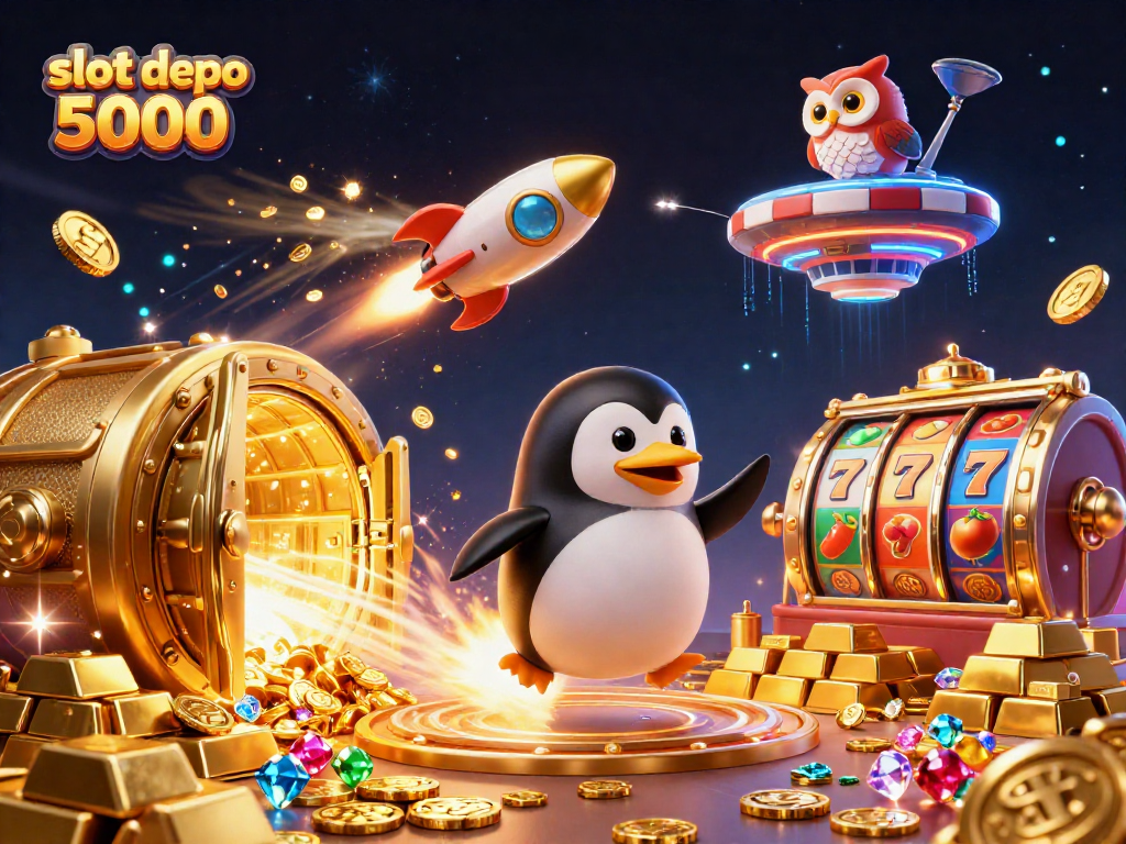 Win big with slot depo 5000 in an enchanting casino-themed illustration full of vibrant energy.