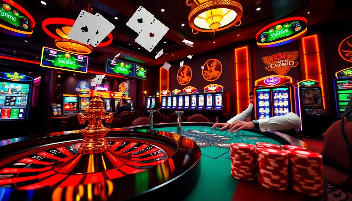 Scène engageante de casino en ligne 2026 avec des roues de roulette vibrantes et des parieurs enthousiastes.