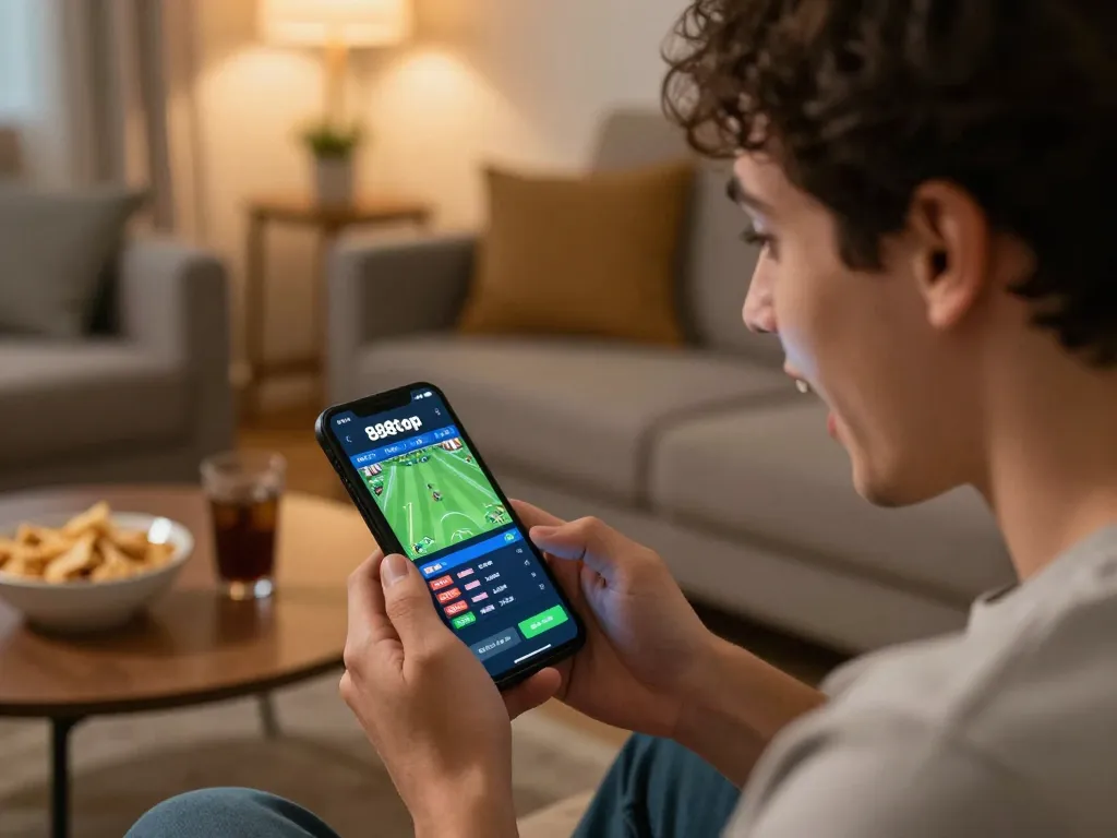 Excited bettor using smartphone to place bets on 888top's sports platform in cozy living room.