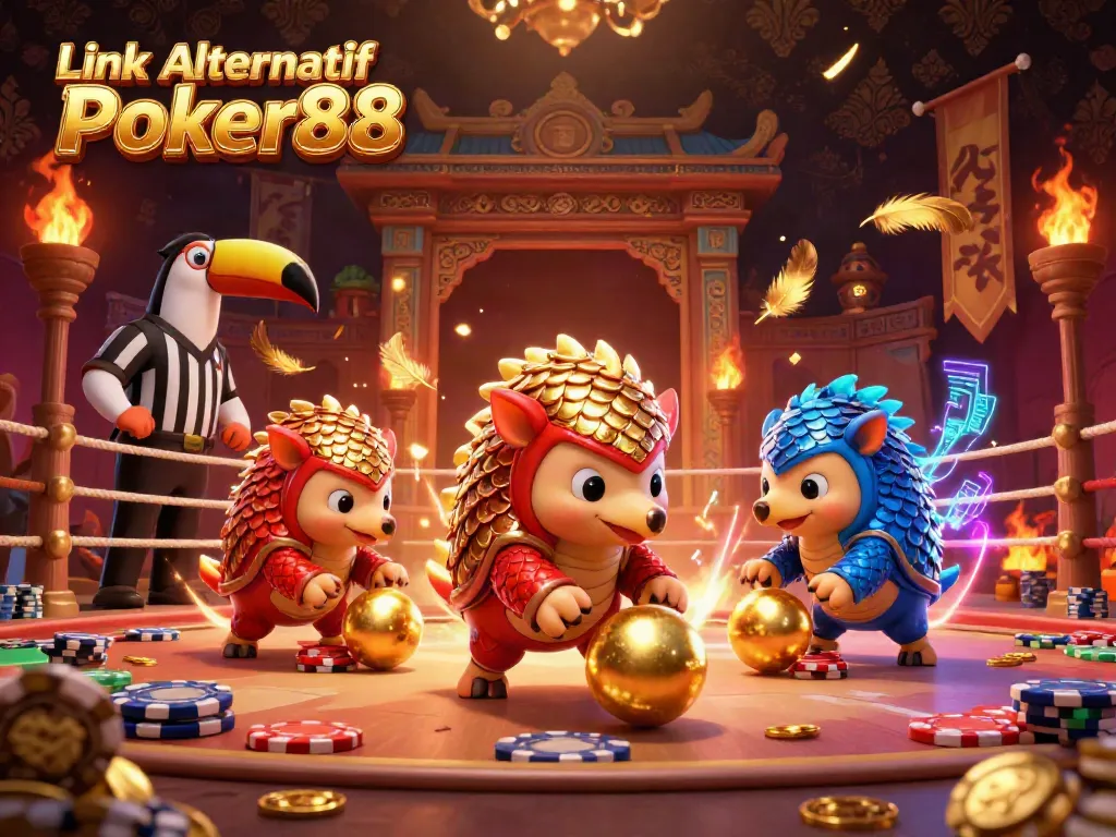 Engage with Link Alternatif Poker88 in a vibrant 3D digital scene featuring playful pangolins and poker chips.