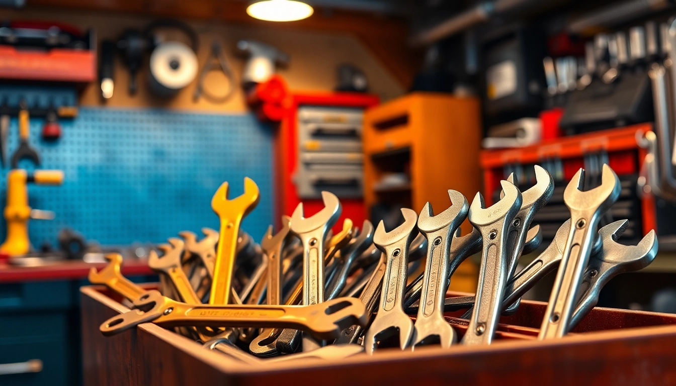 Entdecken Sie verschiedene Typen von englischen Schlüsseln, die in einer professionellen Werkstatt ausgestellt sind und eine Vielzahl von verstellbaren Schraubenschlüsseln für mechanische Aufgaben prä
