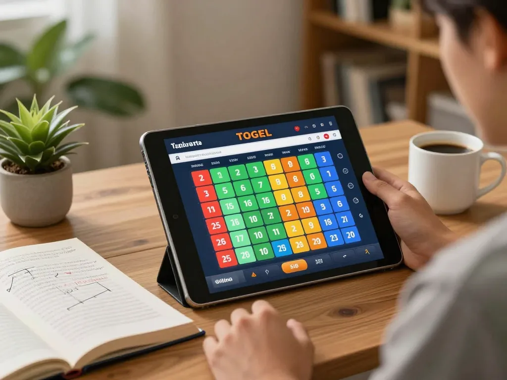 Playing togel jakarta online with a tablet in a cozy home setting, showcasing strategic gameplay.