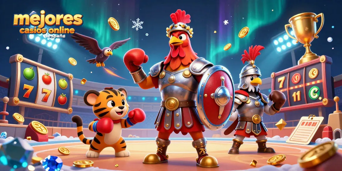 Los mejores casinos online España: ilustra acción de tragamonedas con gallo gladiador y símbolos de casino.