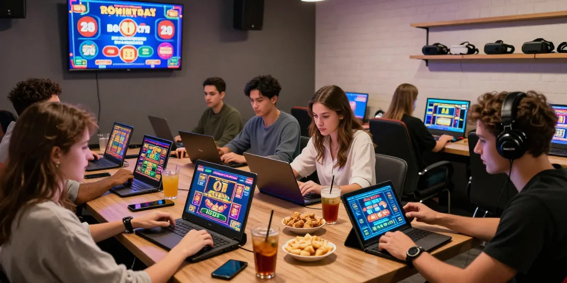 A lively gaming lounge scene with players enjoying casino games on tablets and laptops, reflecting the excitement of brcs.co.uk's credit card casinos.