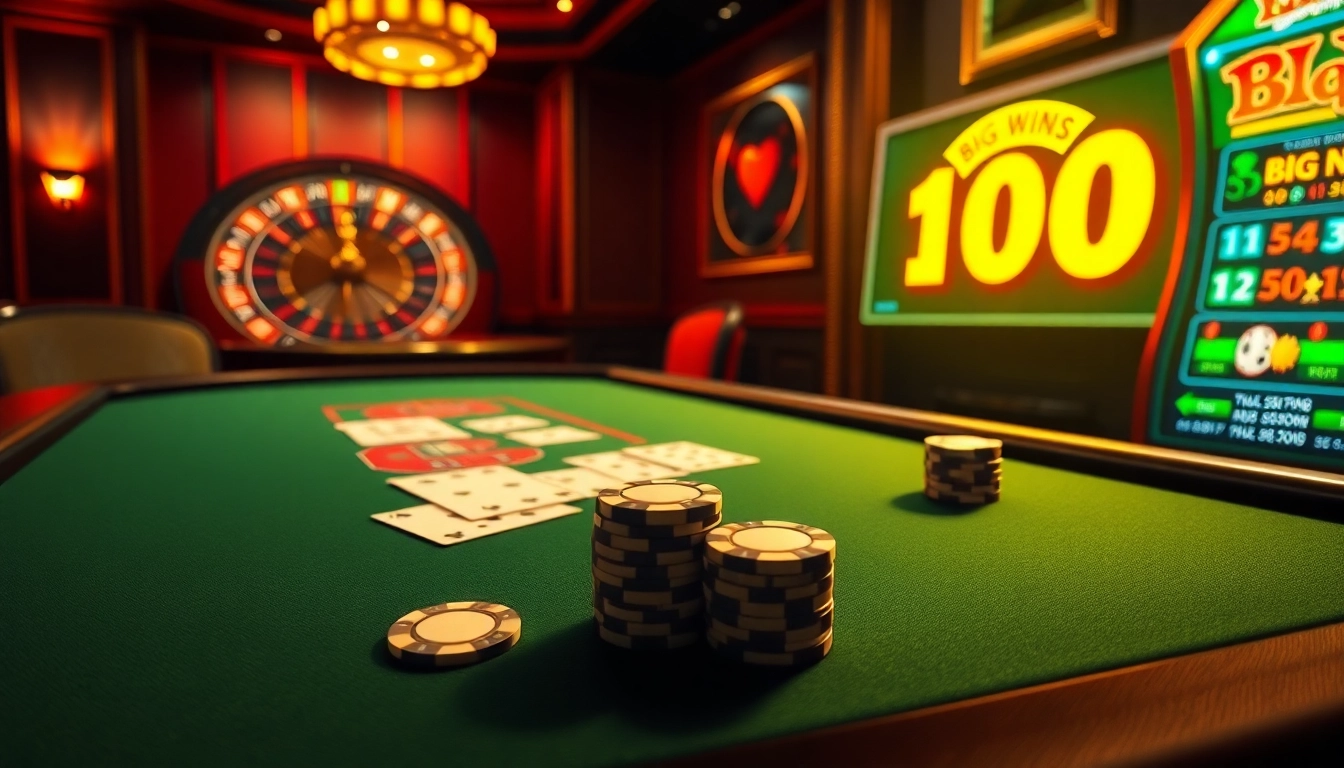 Scène engageante de casino en ligne 2026 avec une table de poker virtuelle présentant des jetons et des cartes.
