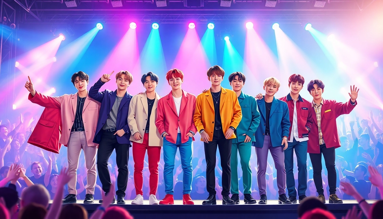 BTS members performing energetically on stage during a concert with vibrant lighting.