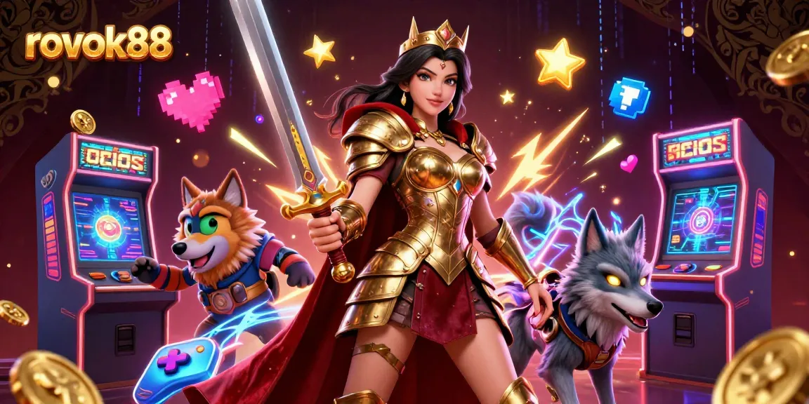 Engage with dynamic casino thrills on rokok88 with a warrior queen and her glowing wolf companion.