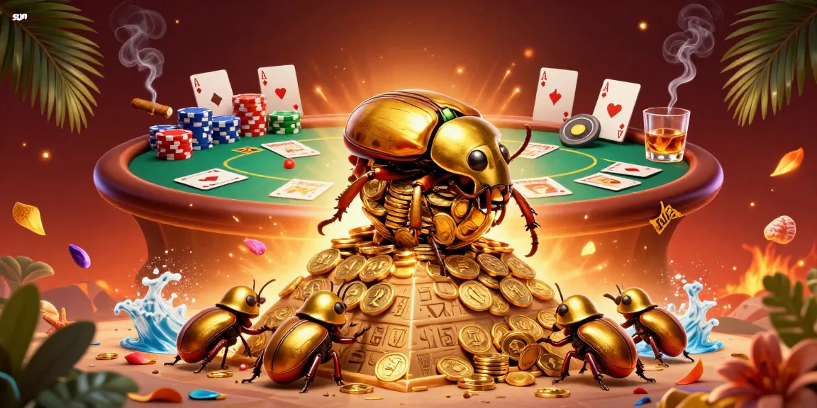 Experience thrilling casino action with sun-themed golden beetles and poker elements.