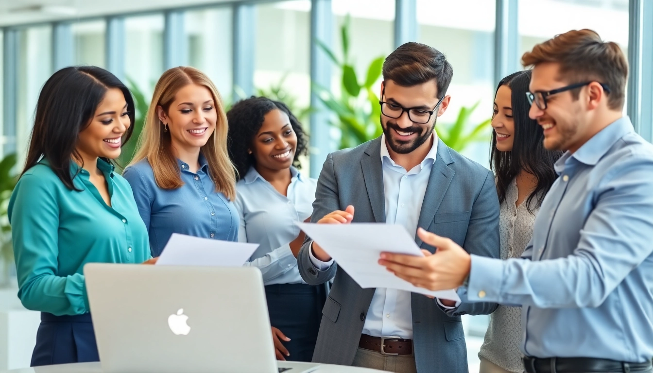 Engaged professionals discussing post sales jobs online in a modern office setting.