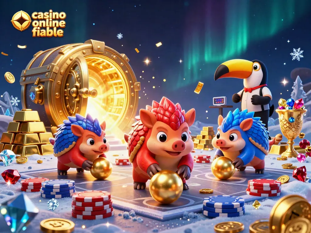 Los pangolines compiten en un escenario de casino online fiable, rodeados de fichas y tesoros.