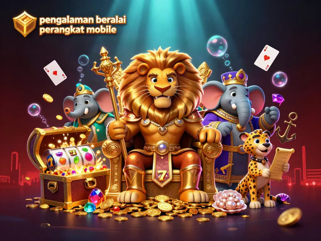 Pemain menikmati pengalaman bermain melalui perangkat mobile dengan simbol slot dan koin emas bertebaran di latar belakang.