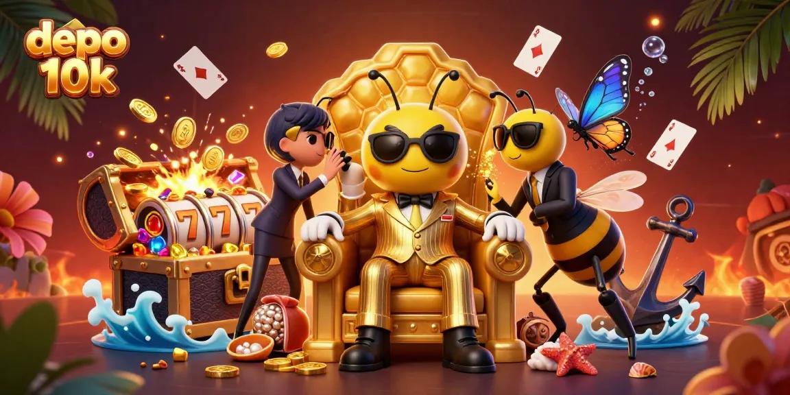 Play slot games with depo 10k for thrilling action; exciting cartoon characters in a lively casino setting.