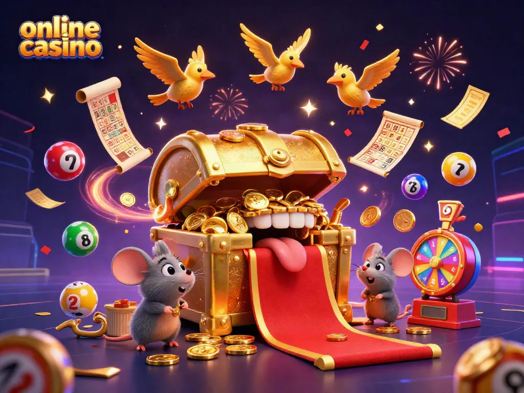 Disfruta de una animación vibrante en un casino online, con tragamonedas y premios volando alrededor.