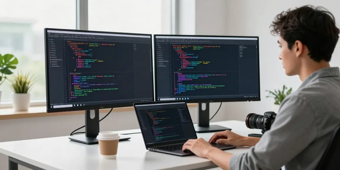 Developer at a modern workspace using https://notepad-app.co/ for code and syntax highlighting.