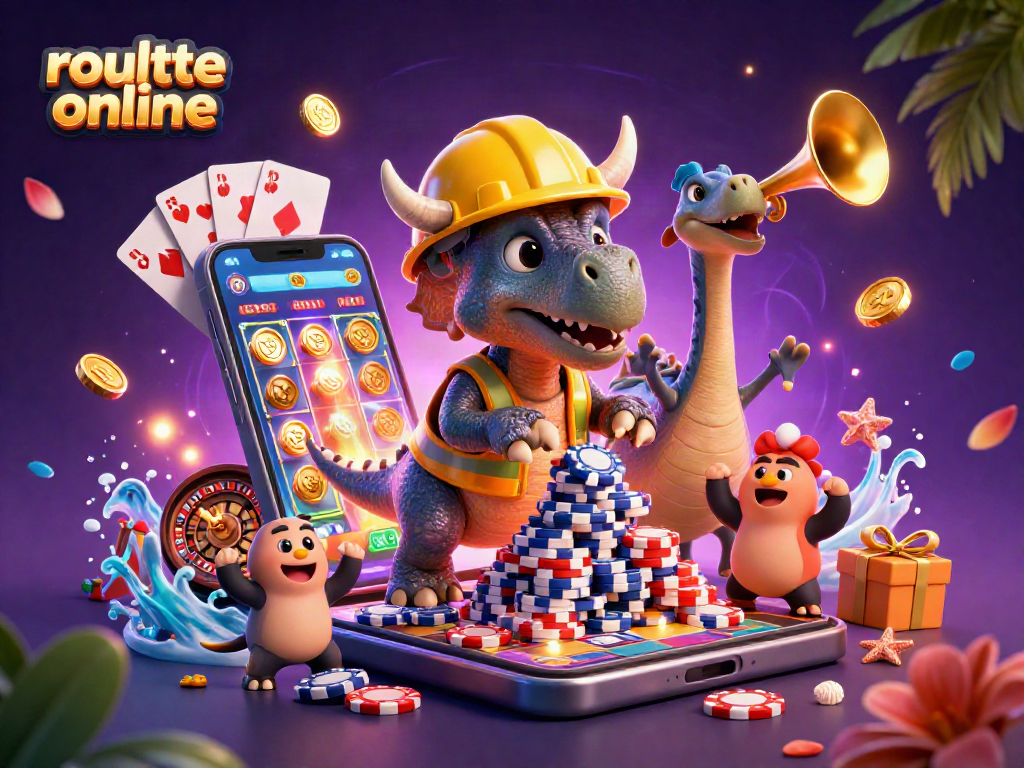 Play roulette online in a vibrant 3D scene with cartoon dinosaurs celebrating casino wins.