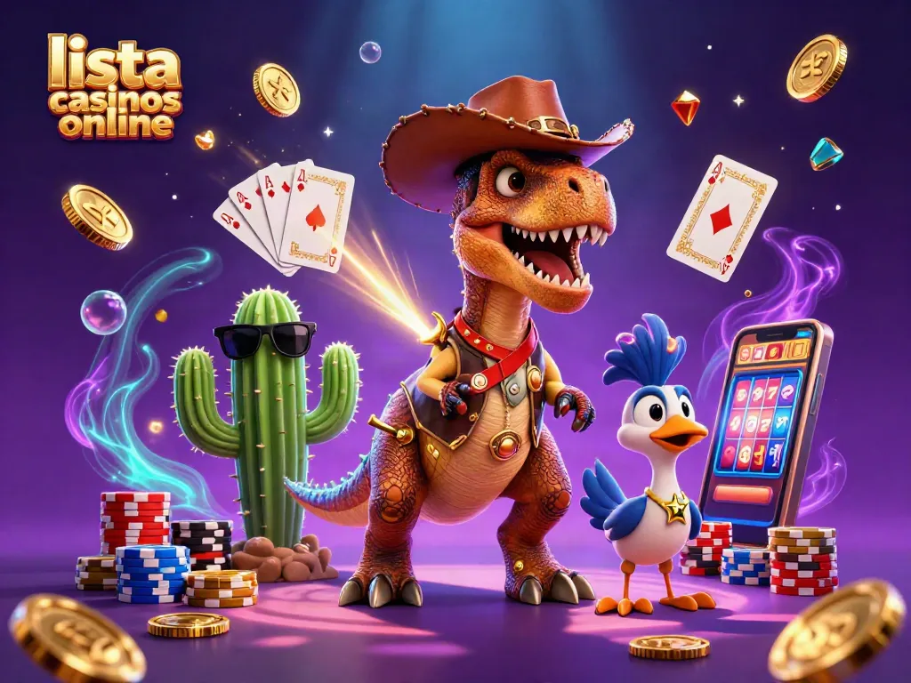 Visualiza la lista de casinos online con un dinosaurio T-Rex y elementos de casino en acción.