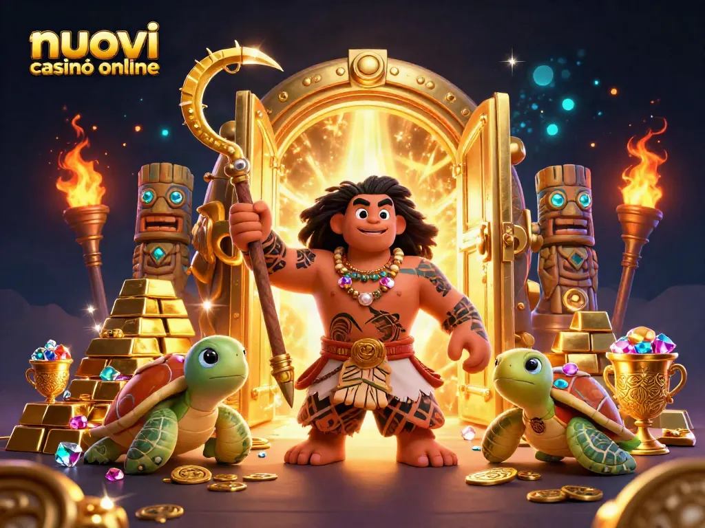 I nuovi casinò online offrono un'illustrazione vivace con un dio demigod e una tartaruga in un'atmosfera di gioco avvincente.