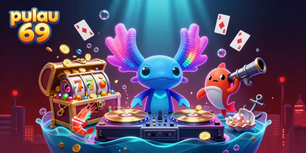 Pulau 69 showcases lively underwater casino vibes with a vibrant axolotl DJ and thrilling game elements.