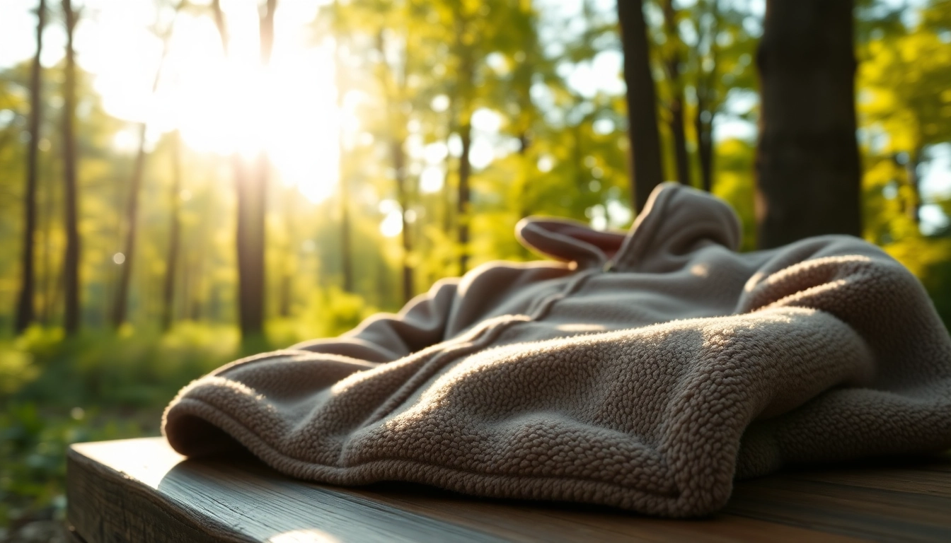 Fleece jacket over een houten tafel in een natuurlijke omgeving met helder licht.