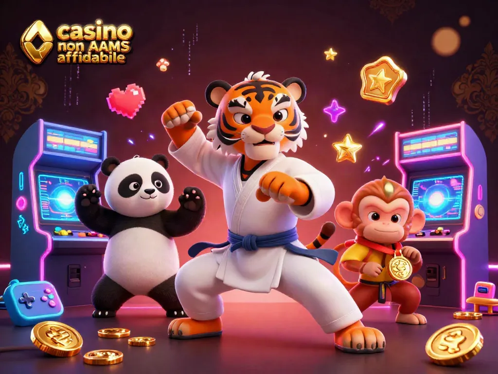 Casinò non AAMS affidabile con personaggi animati in una scena vivace e giochi 3D scintillanti.