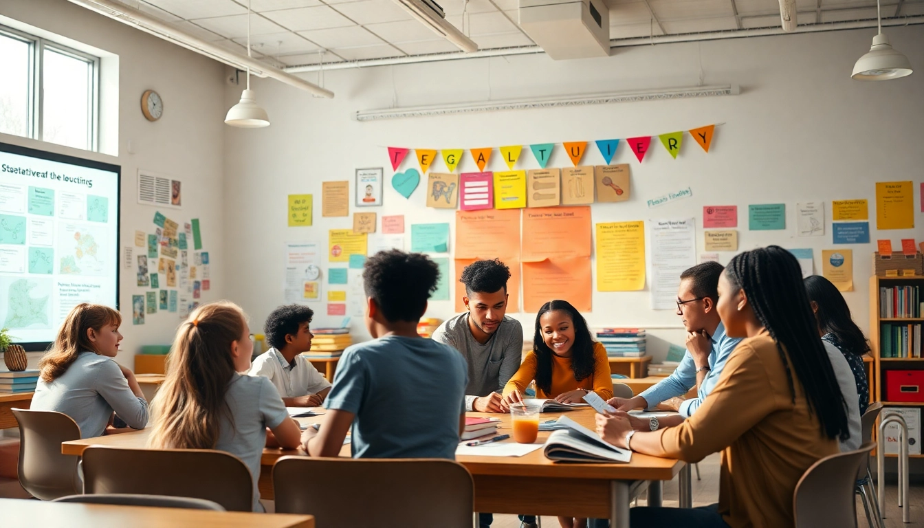 Education-focused classroom with diverse students engaging in collaborative learning.