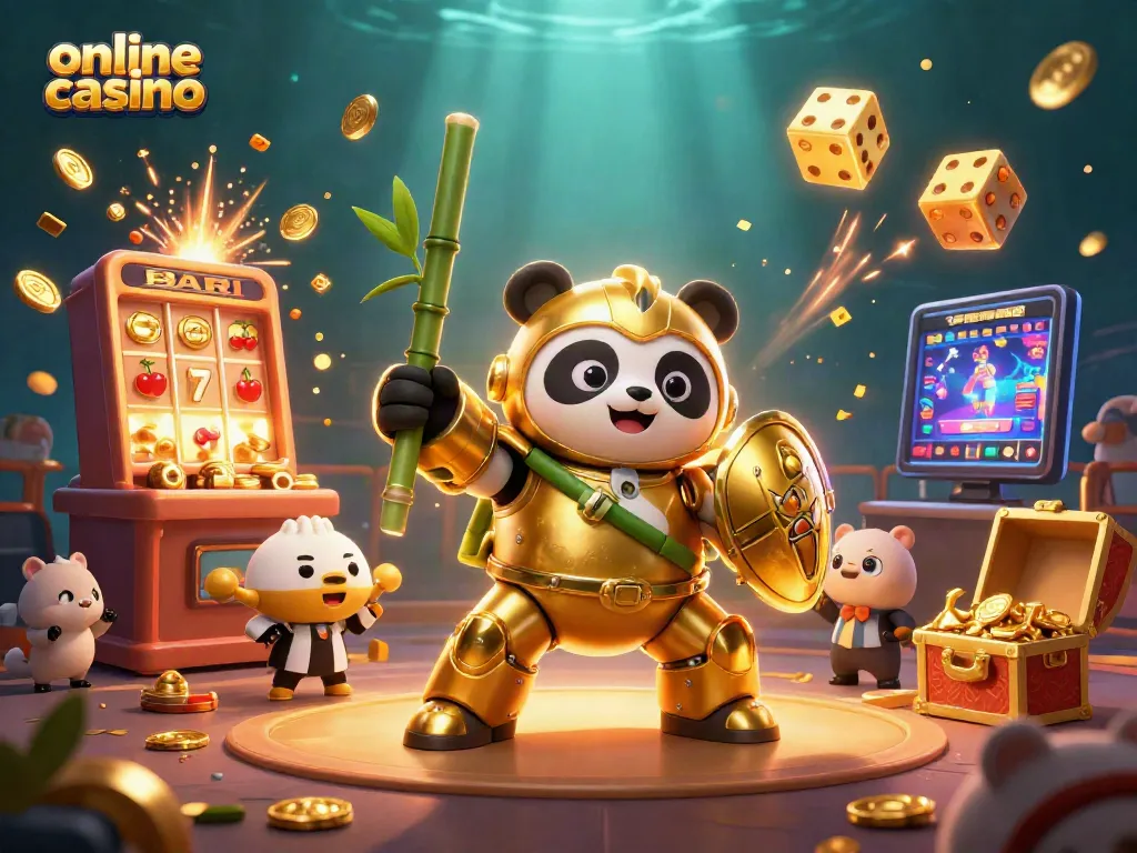 Disfruta del emocionante online casino con un panda dorado en un robot y símbolos voladores.