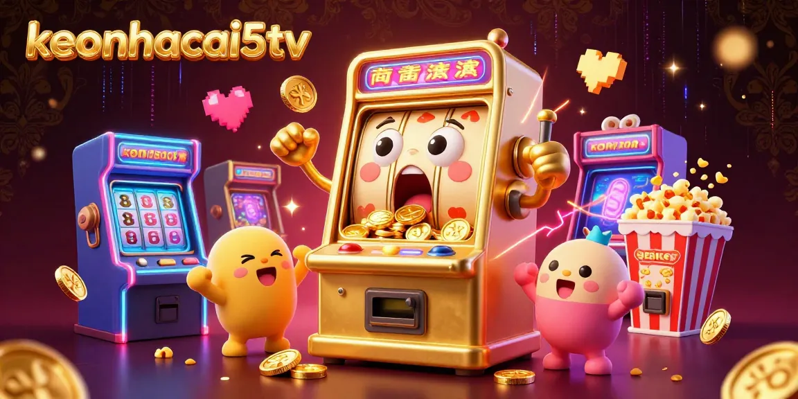 Catch the excitement with keonhacai5tv as the golden slot machine celebrates a jackpot, surrounded by cheering baby machines.
