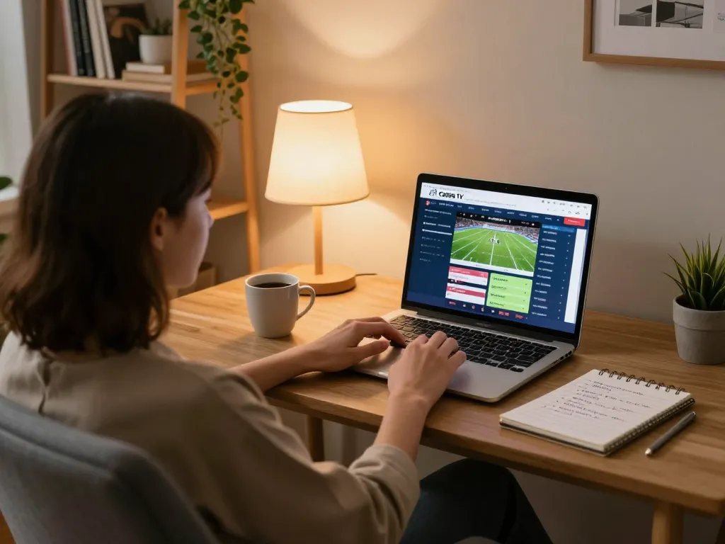 Engaged viewer using Cakhia TV for online sports betting, showcasing a cozy home setup with warm lighting