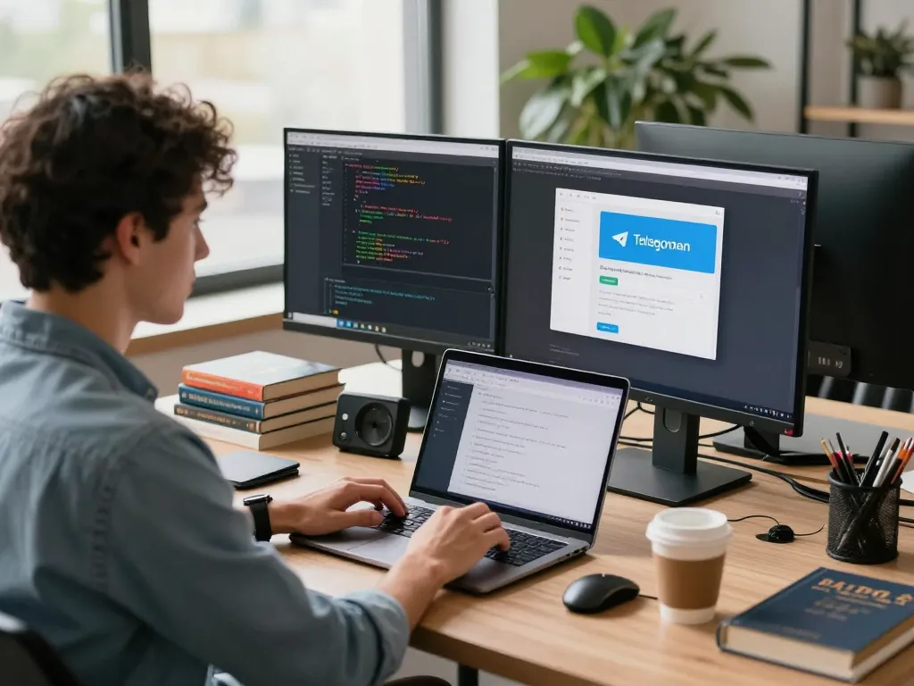 Developer using Telegram 中文 app on multi-monitor setup in a modern office