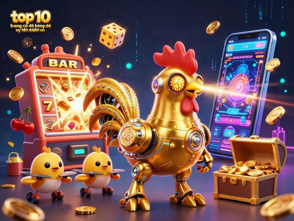 top 10 trang cá độ bóng đá uy tín nhất VN với hình ảnh 3D sinh động về một chiến binh robot và những đồng xu vàng
