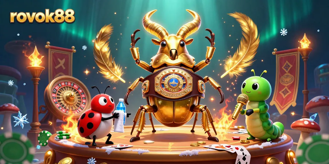 rokok88 features a giant beetle in a casino-themed boxing match, showcasing vibrant game elements.