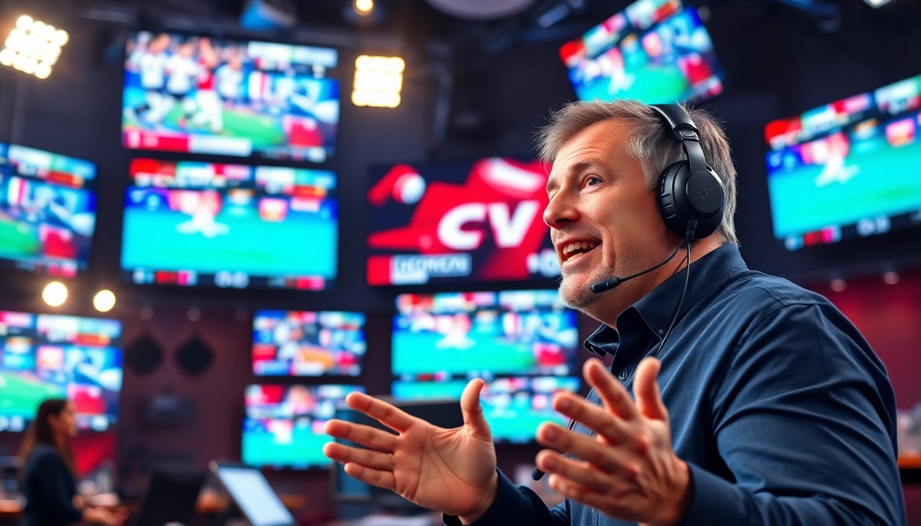 Engaging sports broadcasting studio showcasing live events with a commentator.